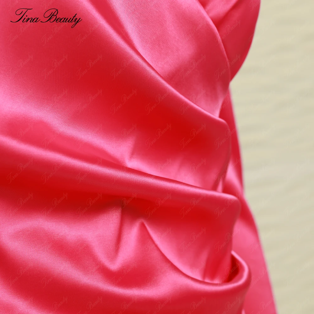 

2019 Summer Celebrity Style Fushia Gathered Tux Wrap Stretch Satin Dress long sleeve Flattering Waist cinching wrap open front