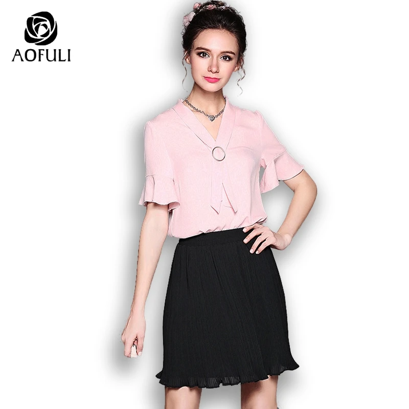 size-S Brand Summer Ladies Skirt Suit Womens Set Short Sleeve Blouse Twinset Pleated Outfit B5336 | Женская одежда