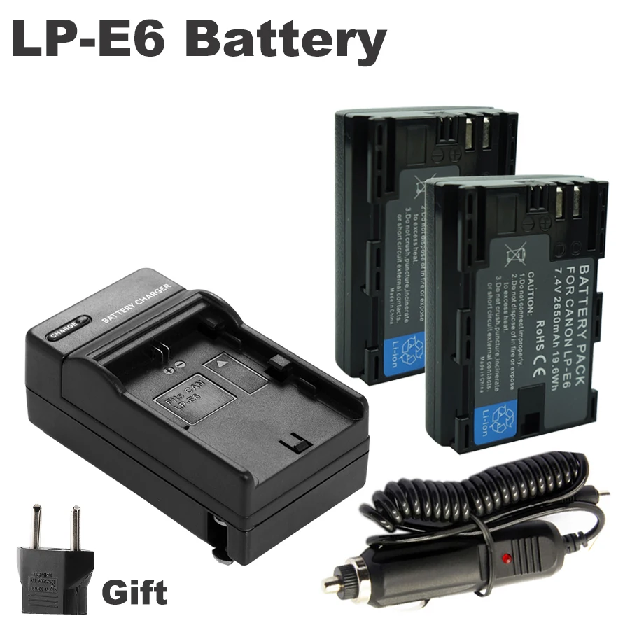 2x2650 mAh батарея LP E6 LPE6 E6N LPE6N bateria + DC зарядное устройство для Canon 5D Mark II III 7D 60D EOS 6D 70D 80D