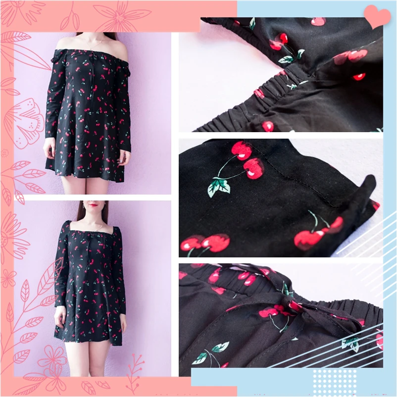 Dotfashion, черное платье с квадратным вырезом и принтом вишни, женская одежда, элегантное осеннее ТРАПЕЦИЕВИДНОЕ весеннее мини-платье с квадратным вырезом