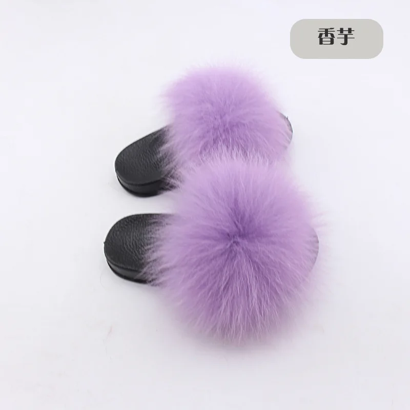 lavender Тапочки с натуральным лисьим мехом; Детские Зимние домашние шлепанцы с мехом для девочек; пушистые шлепанцы на плоской подошве с енотом; Chinelo; пляжные летние детские домашние тапочки - Цвет: lavender