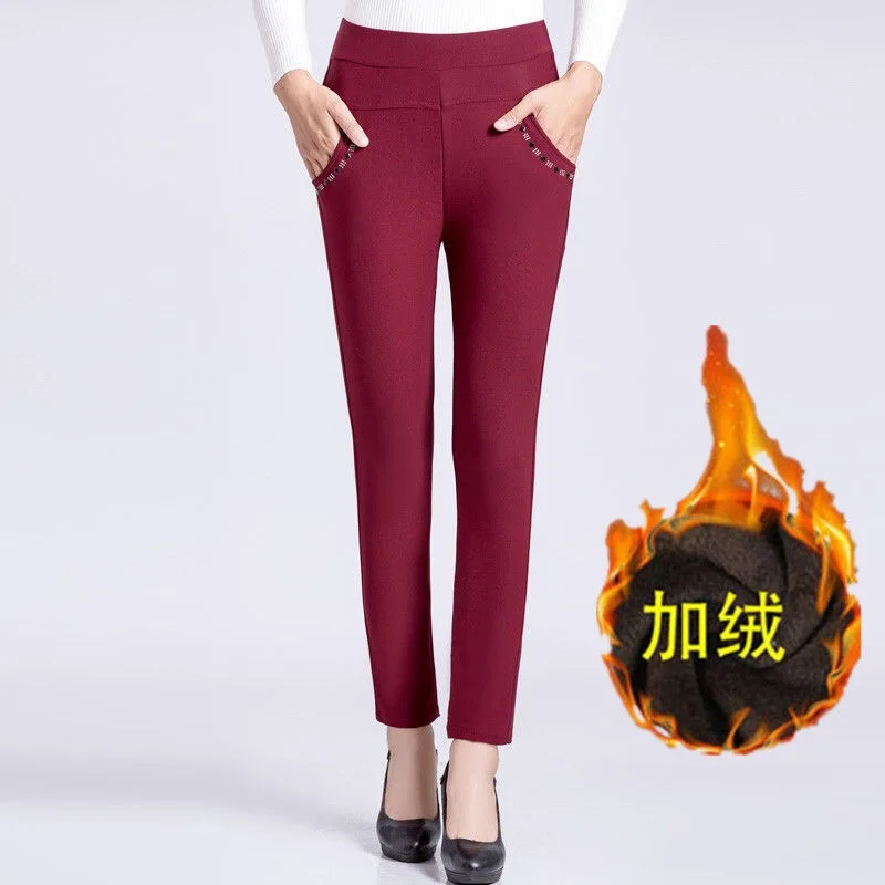 wine red thick Весенние Новые брюки размера плюс для мам, высококачественные однотонные Стрейчевые брюки с карманами, женские офисные Повседневные базовые узкие брюки - Цвет: wine red thick