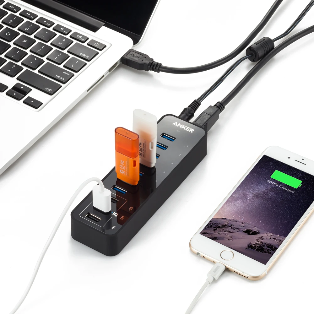 Anker 10-портовый 60 Вт концентратор данных с 7 портами USB 3 0 и зарядными PowerIQ для iPhone iPad