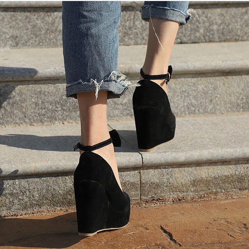 MVP BOY Women High Heels Shoes Plus Size Platform Wedges Female Pumps Elegant Flock Buckle Bowtie Ankle Strap Party Wedding | Обувь