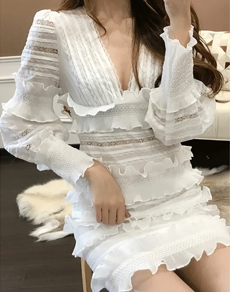 Tang летнее платье 2019 женское белое с длинным рукавом Boho кружевное мини вышивкой