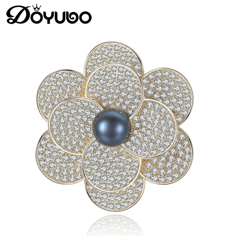 

DOYUBO Luxury Gold Color Lady Brooch 925 Sterling Silver Flower Shape Black Freshwater Pearl Brooch Women Wedding Jewelry VH003