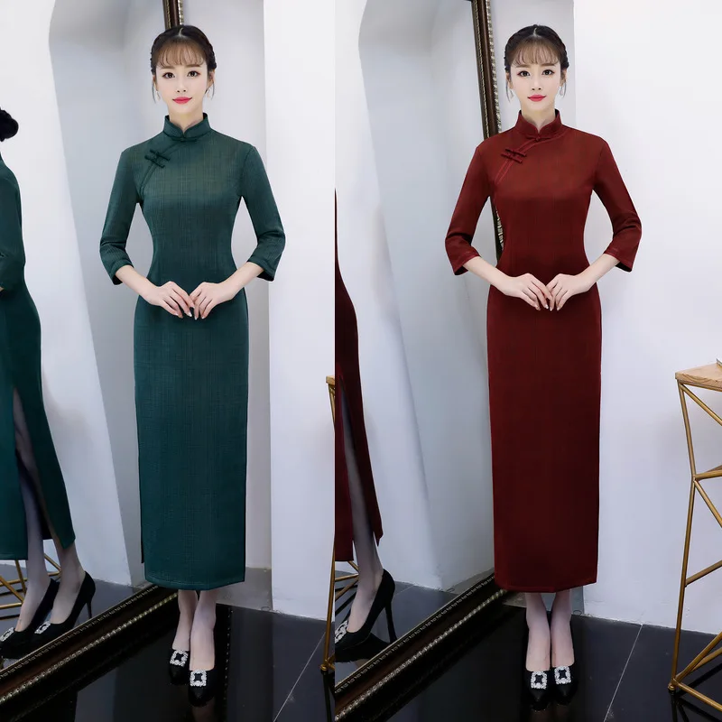 

Sexy Long Cheongsam 2018 Winter Traditional Chinese style Dress Novelty Womens Suede Qipao Slim Party Dresses Button Vestido