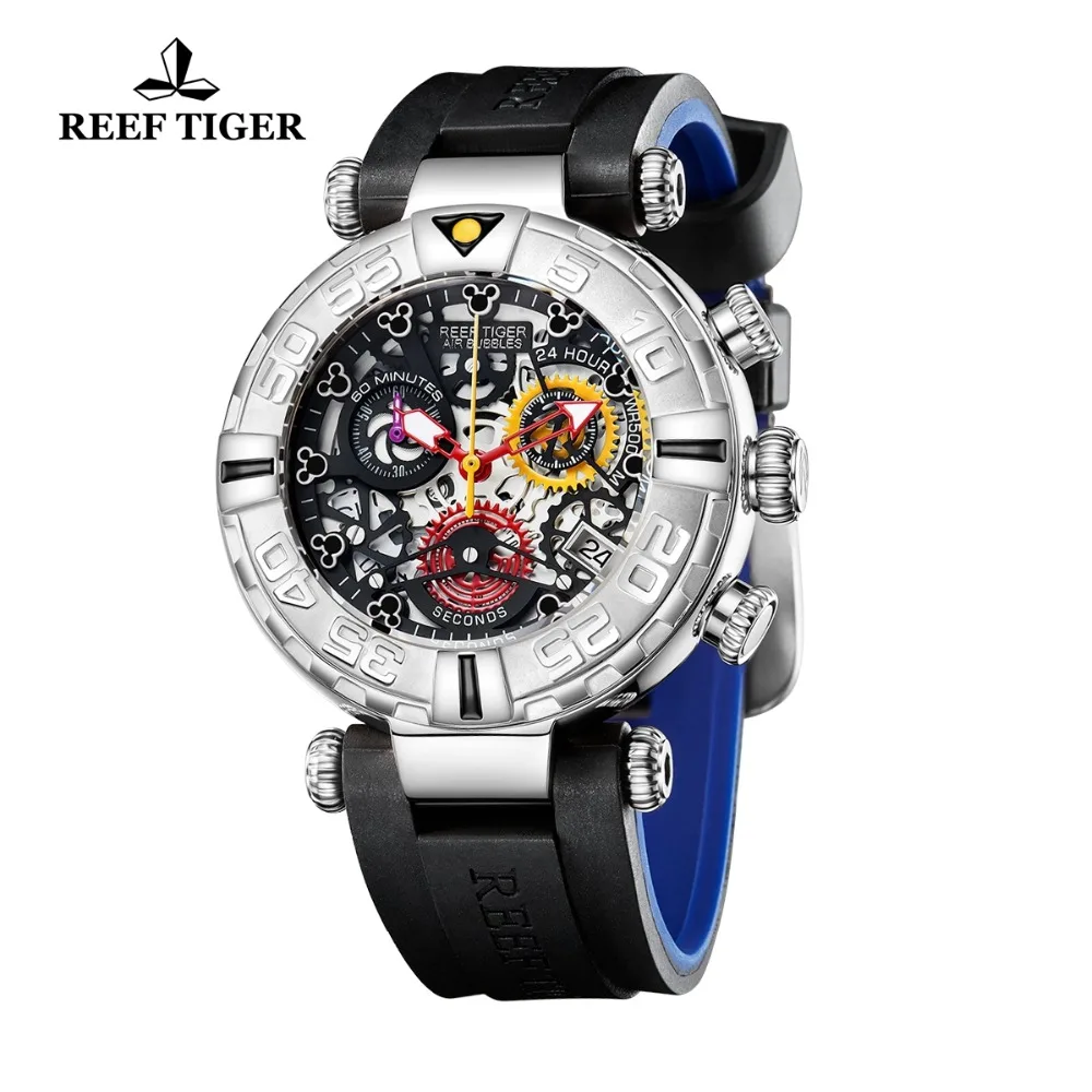 Reef Tiger/RT New Design Top Brand Men Watches Rubber Strap Steel Skeleton Sport Quartz Waterproof Watch Montre Homme RGA3059-S | Наручные