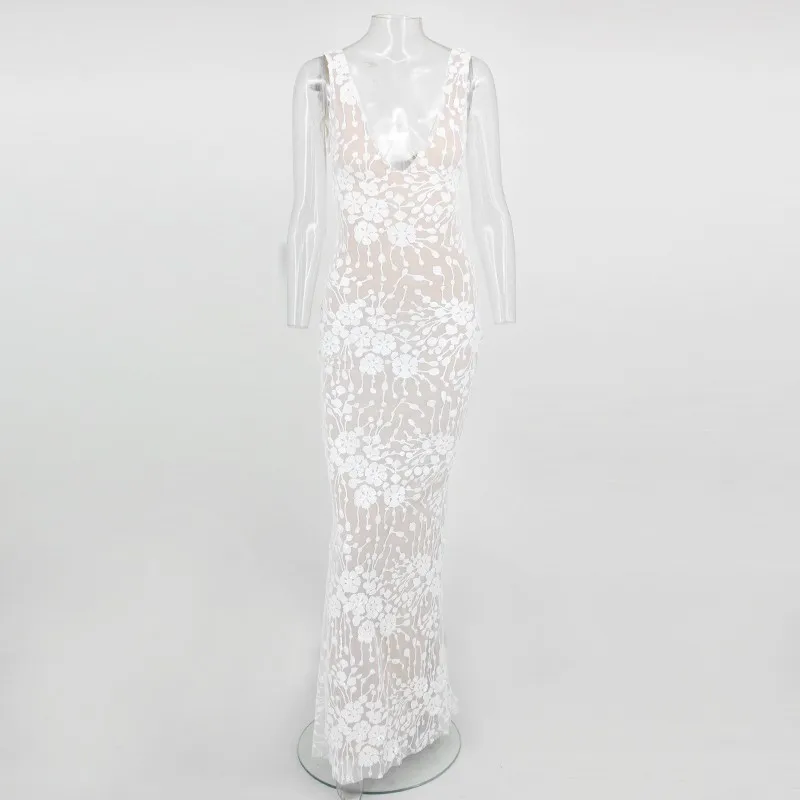 DHM694White COSYGAL Сексуальное Кружевное облегающее платье женское цветочное глубокий v-образный вырез миди вечерние платья Элегантный блесток летнее платье Vestidos - Цвет: DHM694White