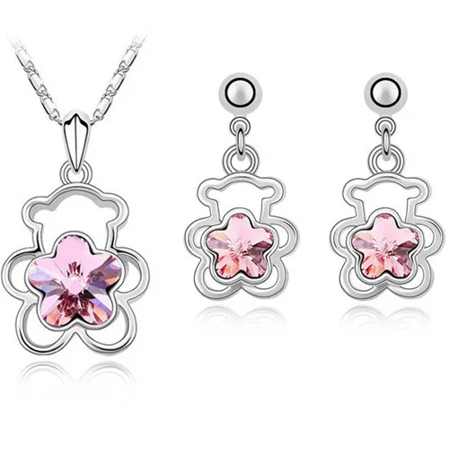 Хрустальный цветок медальон в виде медведя Ожерелье серьги Модные Ювелирные наборы милый романтический Прямая поставка подарки на день Святого Валентина высокое качество - Окраска металла: pink