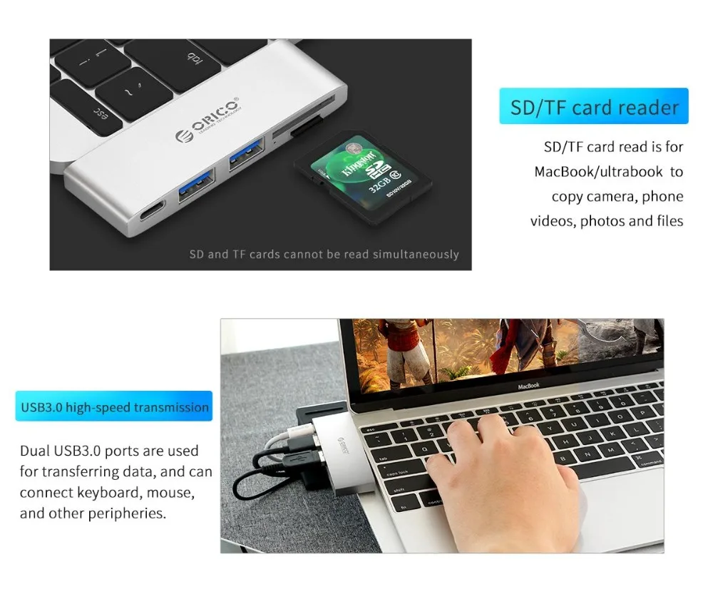 ORICO USB C концентратор тип-c до USB3.0/тип-c/TF/SD концентратор Мини-Док-станция для ноутбука