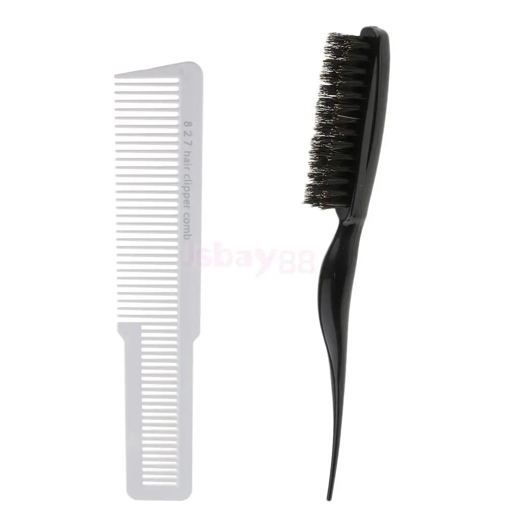 

2x Salon Barber Tool Flat Top Stylist Hair Teasing Styling Brush with Black 3 Rows Back Comb