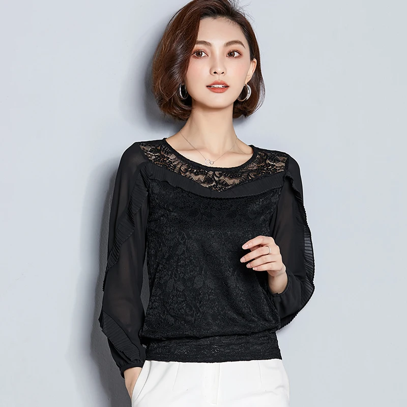 Lace Blouses Women Ruffled Loose Casual Shirts Woman Black Pink Tops Femme Blusas Plus Size 3XL Ladies Summer O-neck | Женская одежда