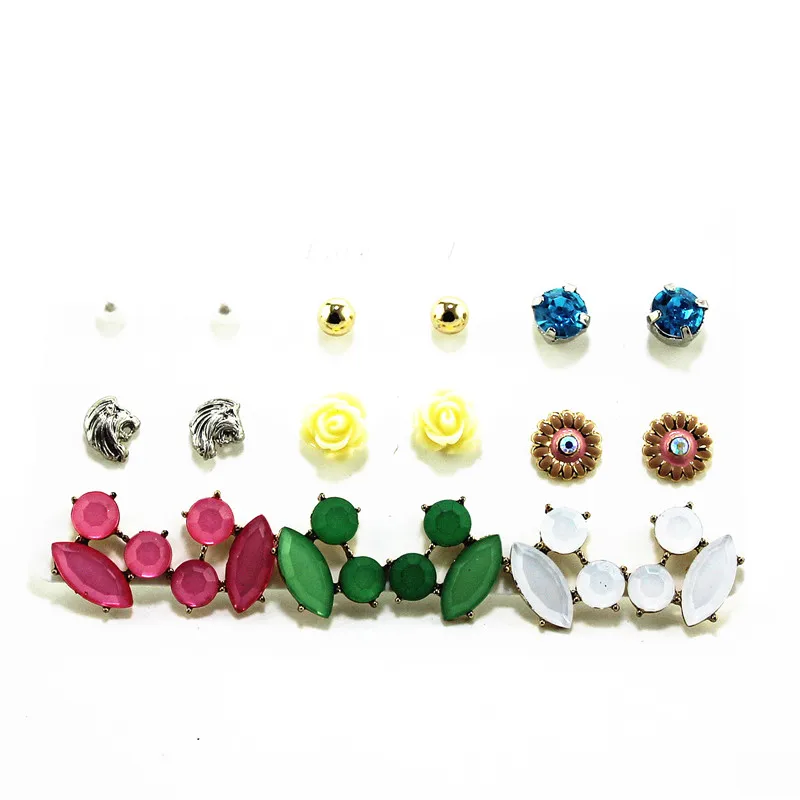 XQ fashion new plant 9 pairs / set of flowers color green white imitation pearl mixed earrings exquisite accessories | Украшения и