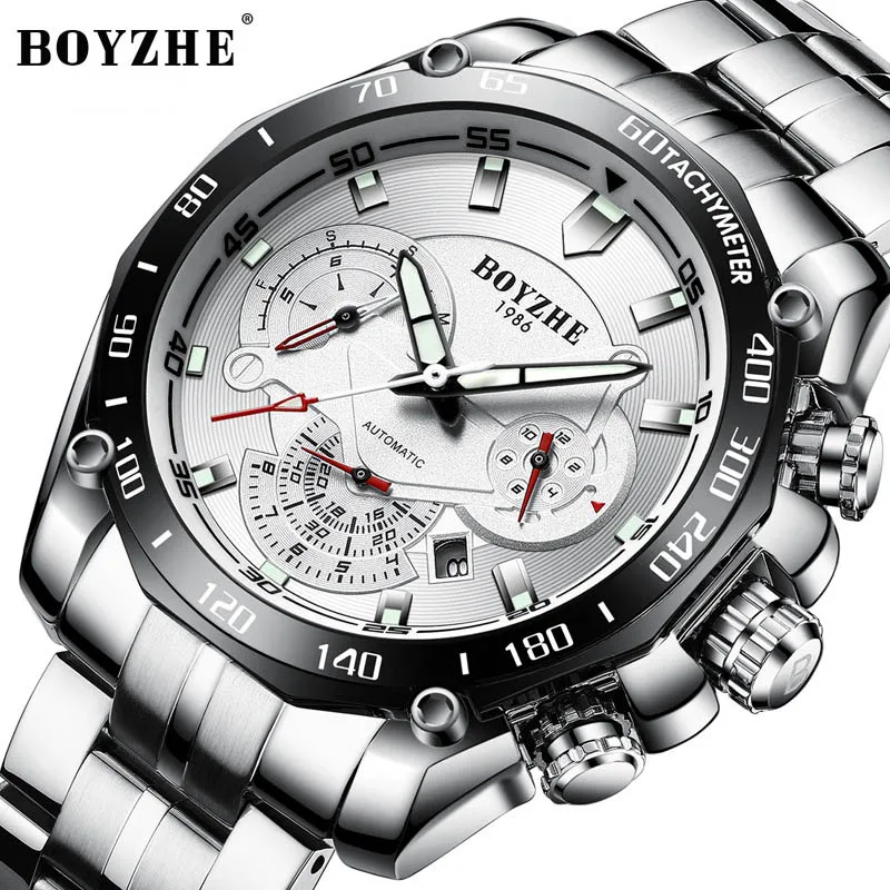 Silver White Мужские часы BOYZHE, Топ бренд, роскошные модные наручные часы, водонепроницаемые автоматические механические часы, светящиеся Спортивные Повседневные часы для мужчин - Цвет: Silver White