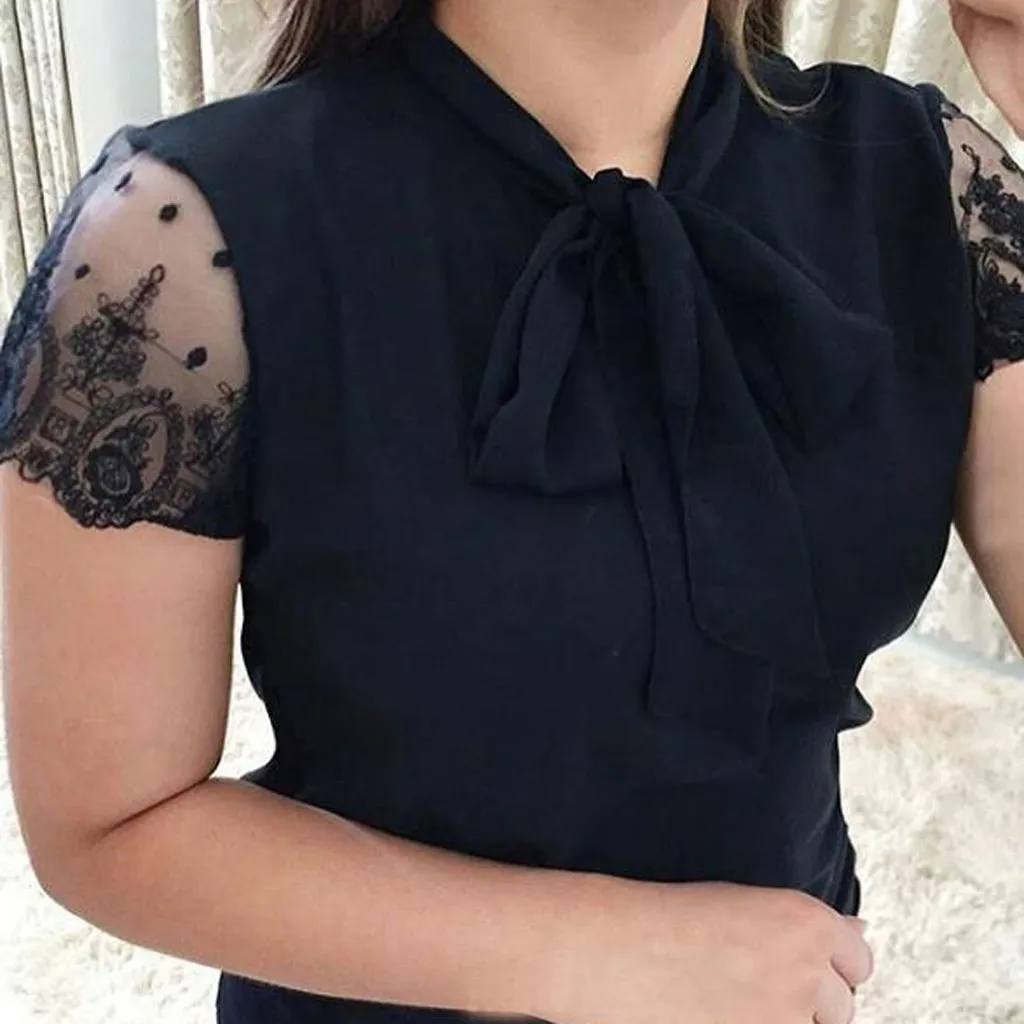 Blouse Women Summer Work Office Lace Top Bow Tie Short Sleeve Chiffon Shirt Chemisier Femme Womens Tops And Blouses | Женская одежда
