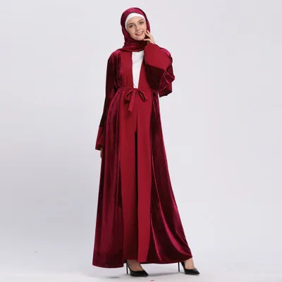 Последние зимние jilbabs abaya s Бархат Дубай Абая с кардиган на поясе Печать Открытый абайя Ближний Восток Рамадан Исламская молитва