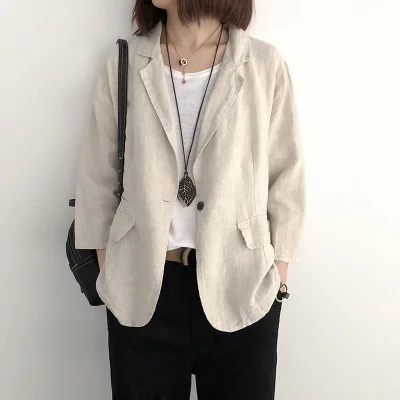 natural color Блейзеры, женский весенний костюм, пиджак, Женский офисный костюм, однотонный, на пуговицах, Деловой, хлопковый, Женский блейзер - Цвет: natural color