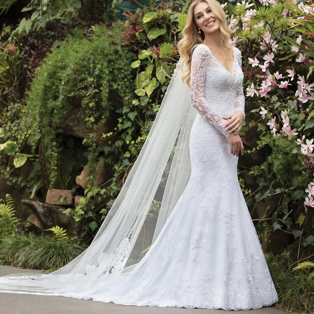 

V-Neck Long Sleeves Mermaid Wedding Dresses with Lace Appliques & Beads Wedding Gowns 2019