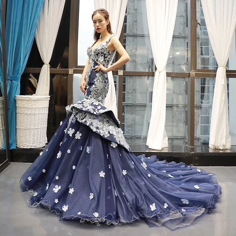 J66711 jancember blue mermaid evening dress 2019 sleeveless v-neck pattern evening gowns with train голубое платье с узорами