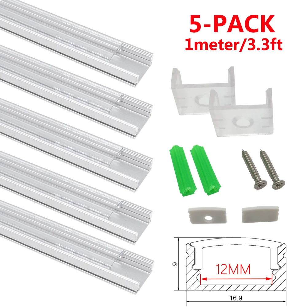 Aluminum LED Channel for LED Strips Light UnvarySam 5Pack 3.3ft/1M 9x17mm U-Shape Internal Width 12mm LED Aluminum Profile