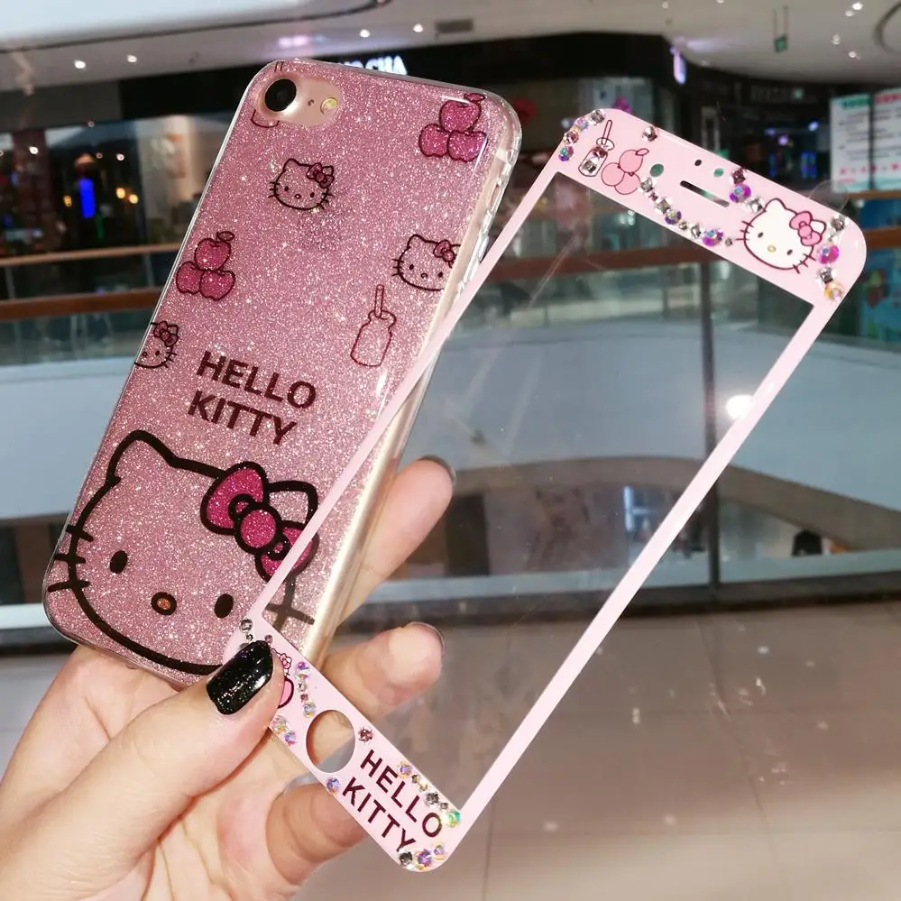 Для iPhone XS max XR X Роскошный чехол Kitty + пленка из закаленного стекла bling hello kitty для 8 plus