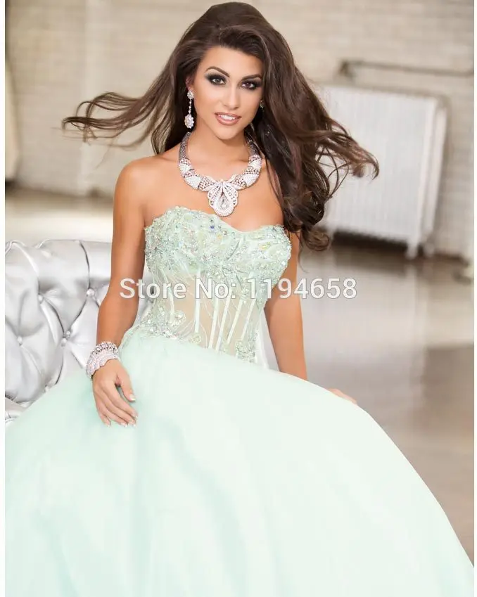 Fashion Design 2014 Sweetheart Neckline Crystal Prom Dresses A-line Long Evening Party See Through Organza Pegant Gowns | Свадьбы и