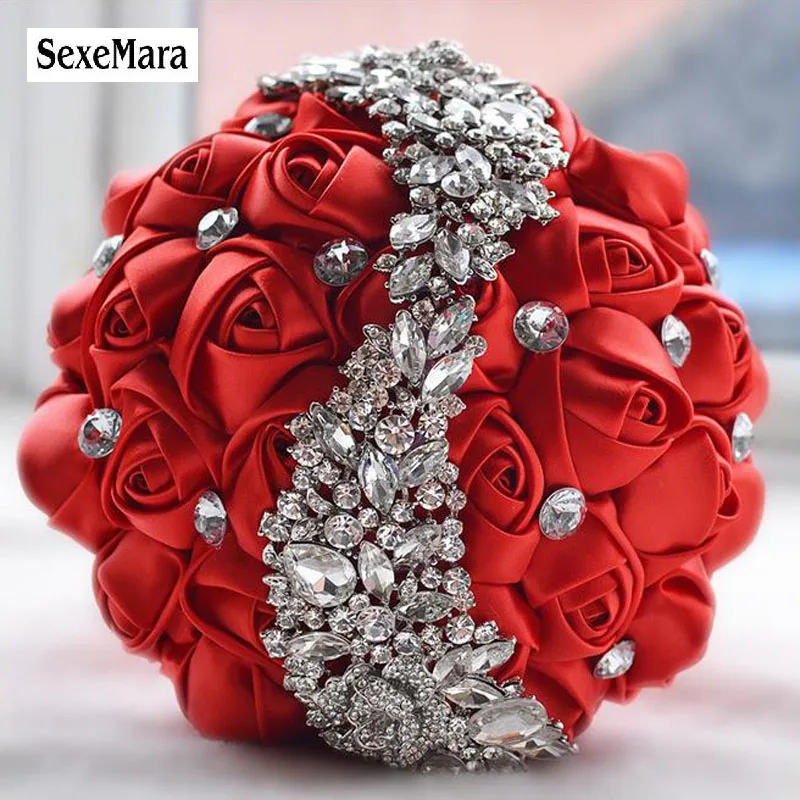 Wedding Flowers Bridal Bouquets Red Artificial Rose Luxury Diamond Crystal Bouquet Bling Brides Ramo De Novia | Свадьбы и торжества