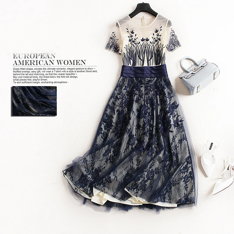 Женское Сетчатое платье с коротким рукавом и вышивкой длинное облегающее до