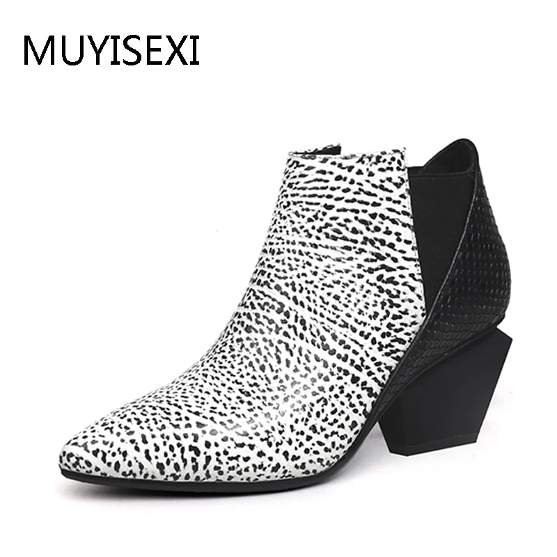 

6 cm Chunky Heel Ankle Boots Chelsea Autumn Boots For Women Genuine Leather Mixed Color Pointed Toe Shoes Women HL115 MUYISEXI