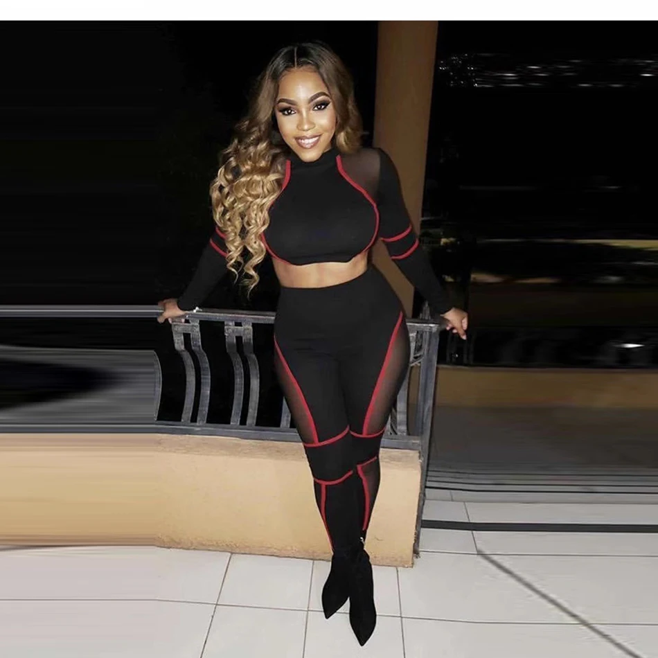 Женский сетчатый Костюм двойка s укороченный топ с высоким воротником и длинными