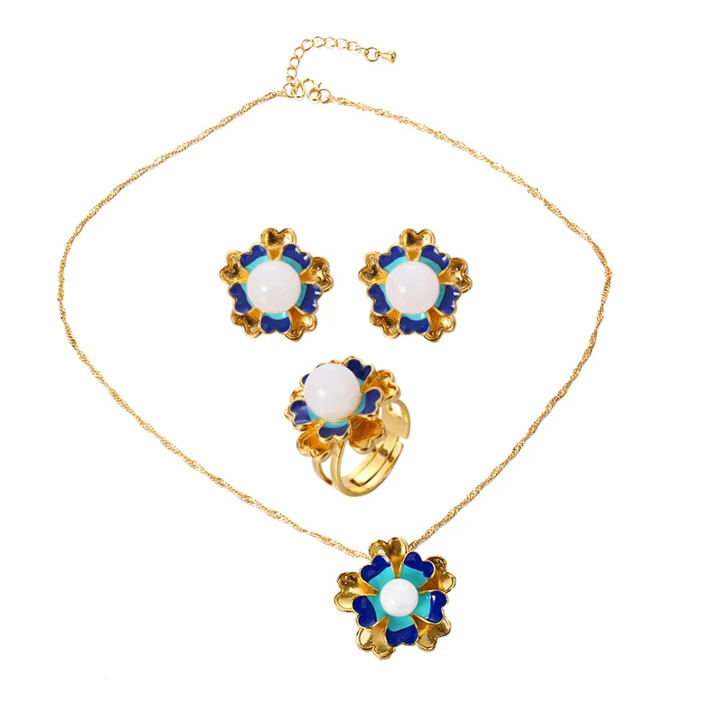 

Natural Hotan White Jade Cloisonne Vacuum Electroplated Necklace Earring Ring Set Jewelry