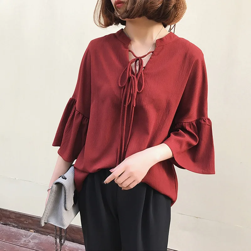 

2019 Summer Sweet Chiffon Shirts Women Fashon V Neck Lace-up Half Flare Sleeve Elegant Blouses Female Chic Loose Casual Shirts