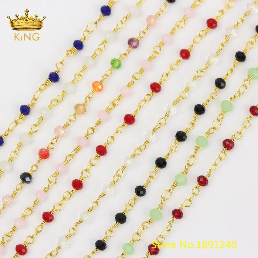 

5M/lot Beaded Glass Chains for Jewelry Making,Bezel Glass Gold Chains Rosary Chokers Findings Wholesale 3x4mm