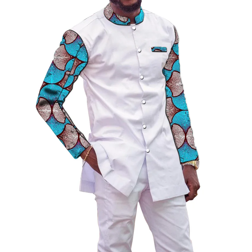 Африканская мужская одежда africana Дашики мужские африканские рубашки и брюки для мужчин Набор традиционная одежда с круглым вырезом комплекты с длинными рукавами - Цвет: Тёмно-синий