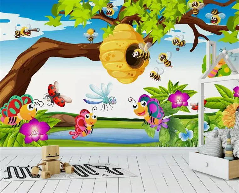 3d фотообои на заказ милые животные пчелы и бабочки детская комната Настенные