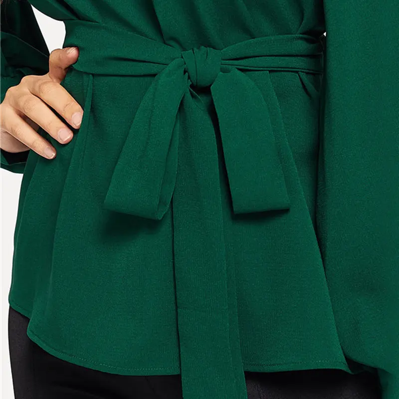 SHEIN Блузка С Поясом, Оригинальным Рукавом И Узором Женская Весенняя Классическая Блузка С V-Образным Вырезом И Длинными Рукавами