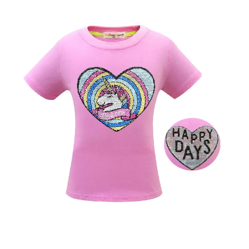 3485 Pink Футболка с единорогом летняя одежда для маленьких девочек Camiseta Unicornio, футболка топы для девочек, Femme, Детская футболка, Enfant, для дня рождения, цветная, с блестками - Цвет: 3485 Pink