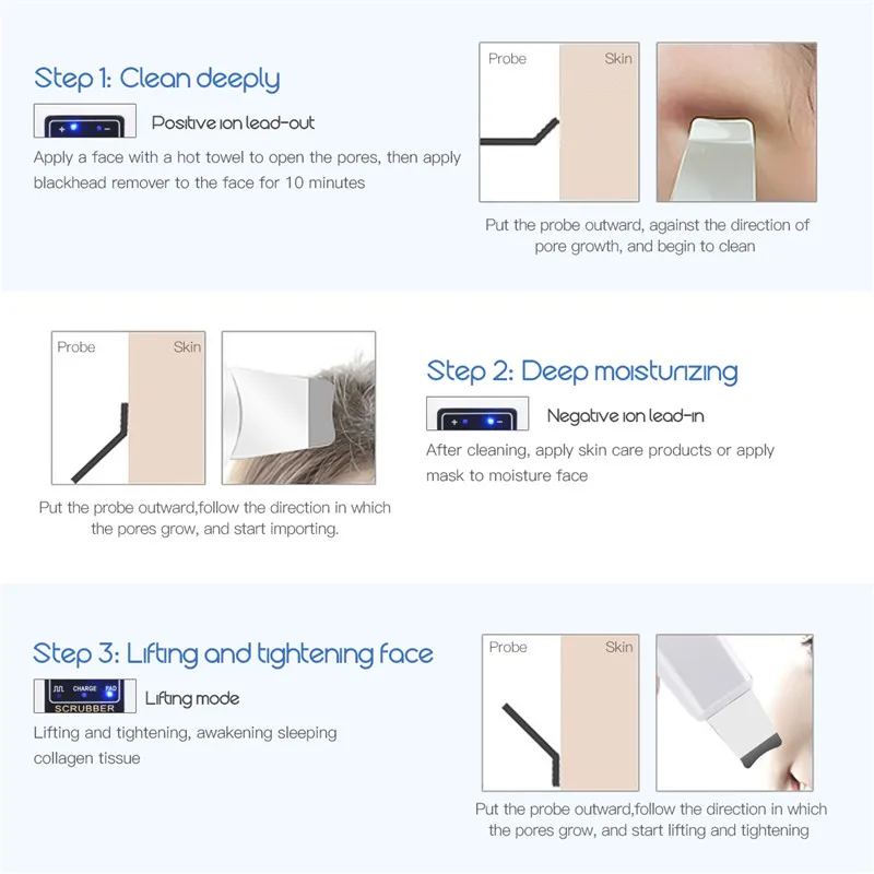 USB Rechargeable Ultrasonic Vibration Skin Scrubber Face Skin Peeling Extractor Acne Blackhead Remove Exfoliating Scraper Shovel