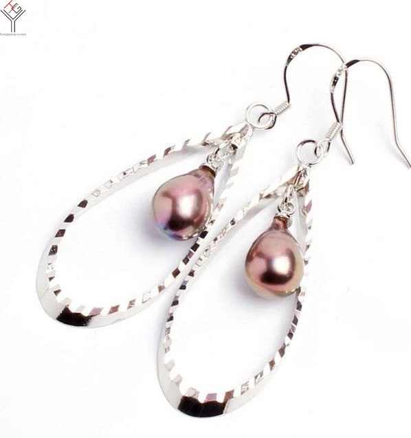 

women Jewelry Earring 9-11mm Bright deep purple Pearl Dangle Hook Earring oval hollow Natural Freshwater pearl