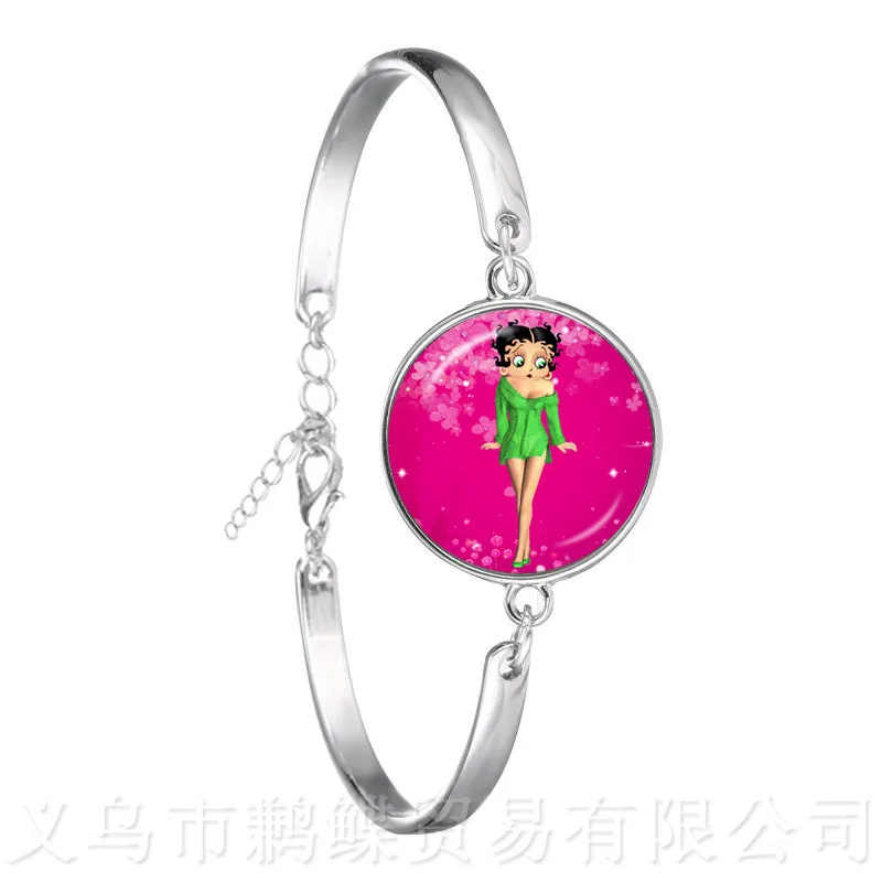 

Newest Trendy Betty Boop 18mm Glass Cabochon Bracelet Harajuku Cute Cartoon Picture Silver Plated Charm Bangle For Women Gift