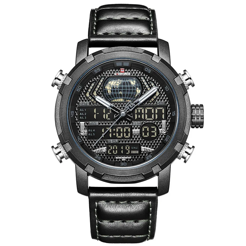Black Gray Мужские часы от роскошного бренда, мужские кожаные спортивные часы NAVIFORCE, мужские кварцевые цифровые водонепроницаемые военные часы Relogio Masculion - Цвет: Black Gray