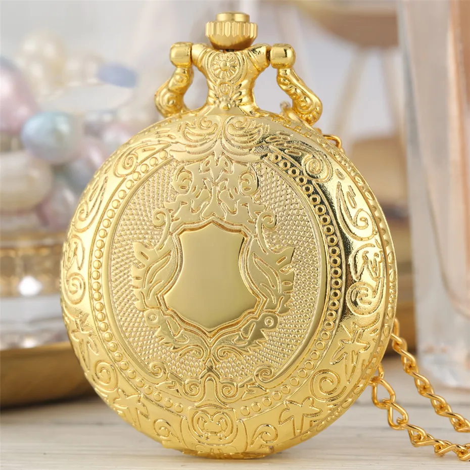 Elegant Vintage Shield Relief Pattern Quartz Pendant Pocket Watch Steampunk Retro Necklace Pendant Clock Gifts for Men Women