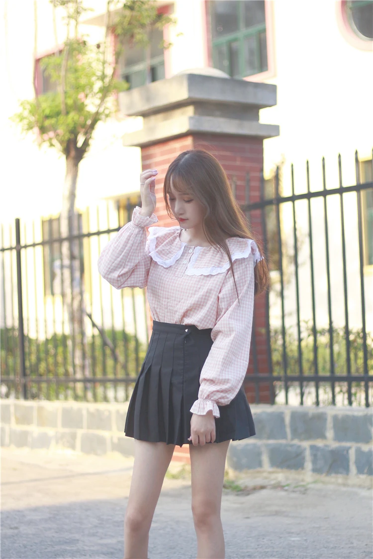 2017 Новый Прибыл Женщины Хлопок Питер Пэн Воротник Клетчатой Рубашке