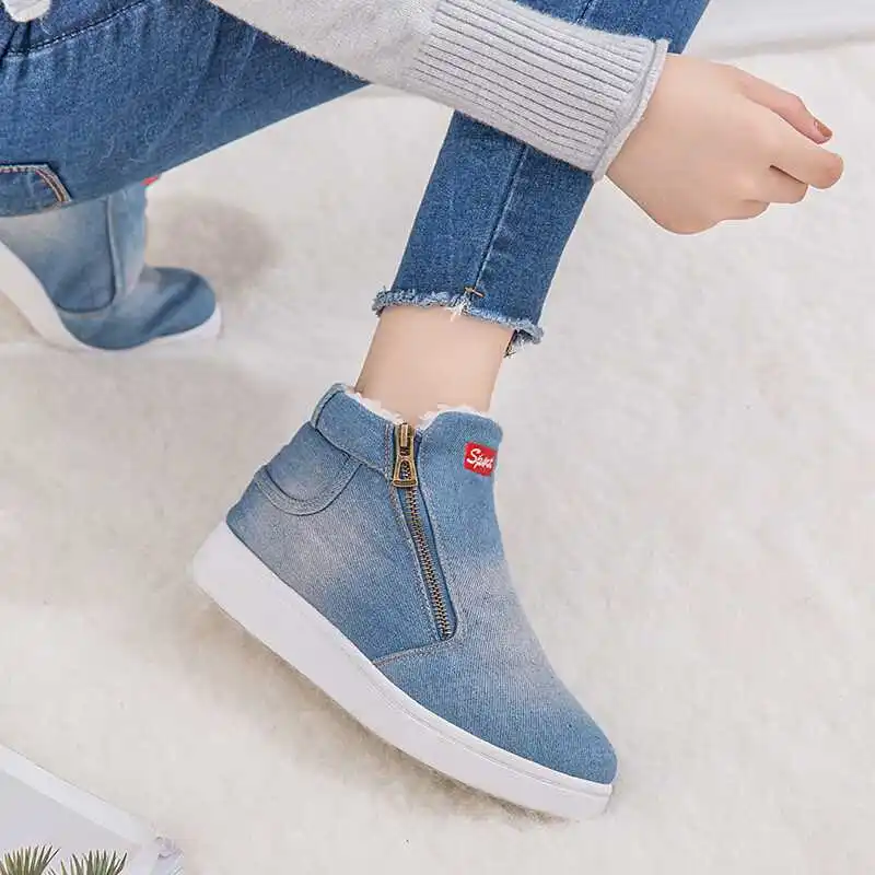 New Winter Shoes Women Denim Ankle Boots Classic Zipper Snow Warm Plush Thickening Flat for Zapatos Mujer Dropship | Обувь