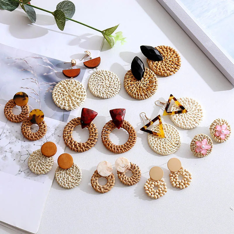 

Korean Style Fashion Handmade Natural Wooden Straw Woven Vine Rattan Earrings For Women 2019 Boho Geometric Acrylic Drop Earring