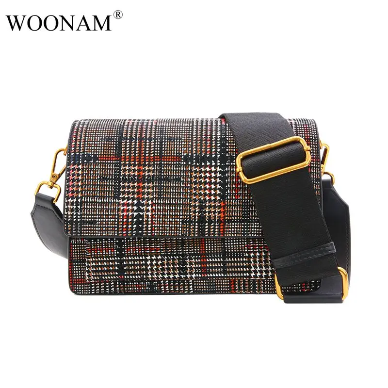 

WOONAM Women Fashion Handbag Check Print Top Hide Genuine Calf Leather Medium Flap Multi-pocket Satchel Shoulder Bag