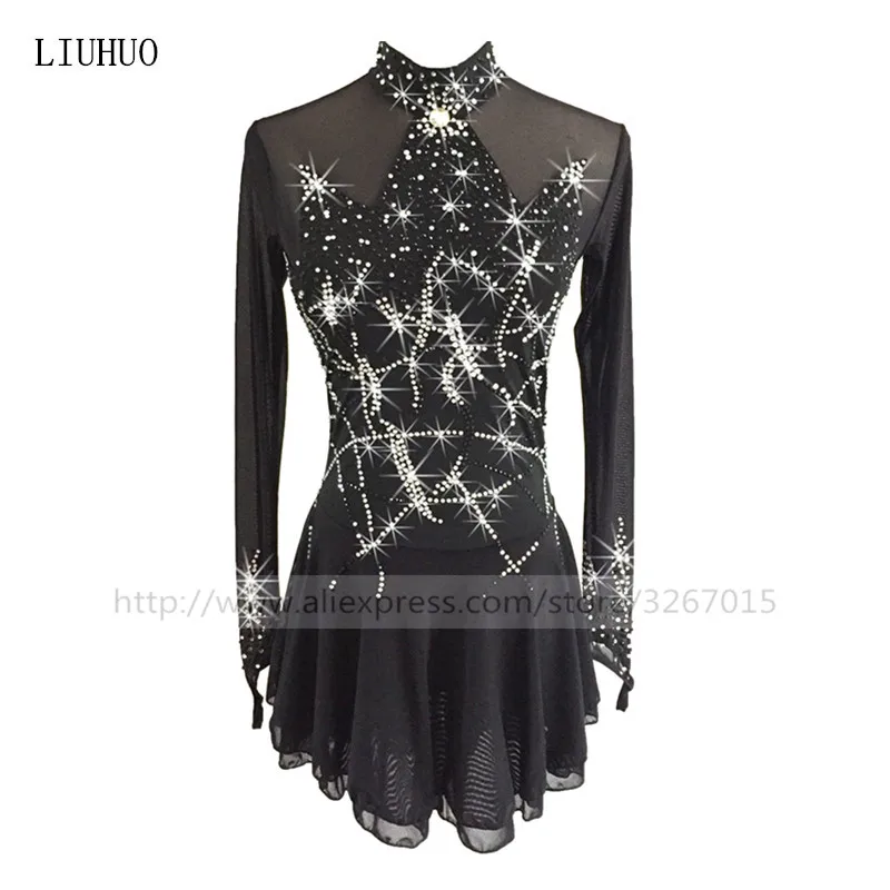 Платье для фигурного катания женское девочек на коньках чистый черный с длинным