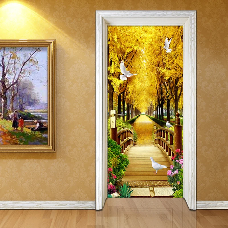 

3D Wall Door Sticker Golden Forest Nature Landscape Wallpaper Living Room Bedroom Home Decor Door Decals PVC Papel De Parede 3 D