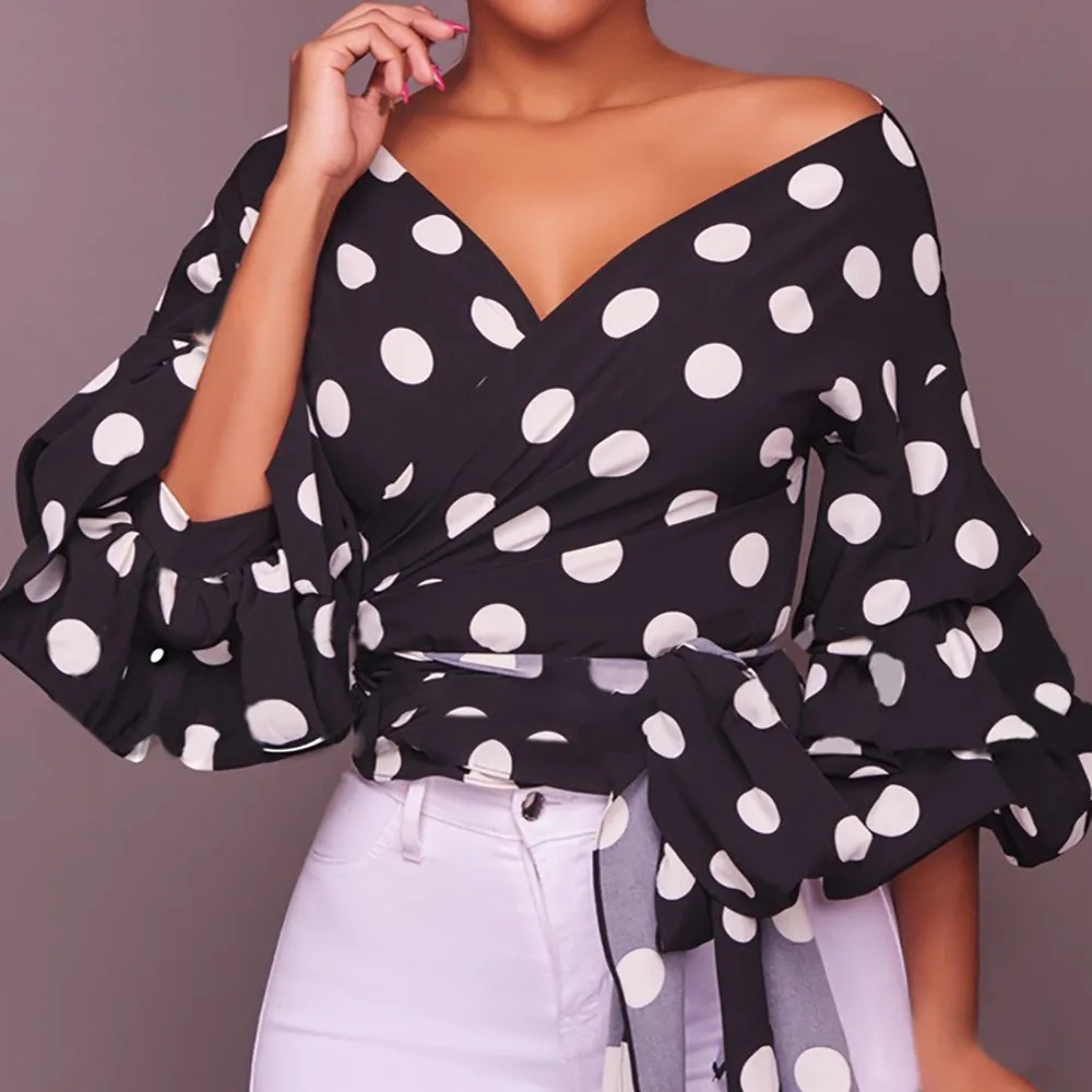 Фото Женская блузка с поясом в горошек Летняя Повседневная Блузка буфами на рукавах